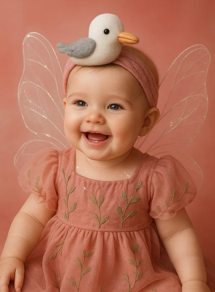 Baby Headband with Grey-Beak Seagull Plush – Soft Stretchy Infant Hairband