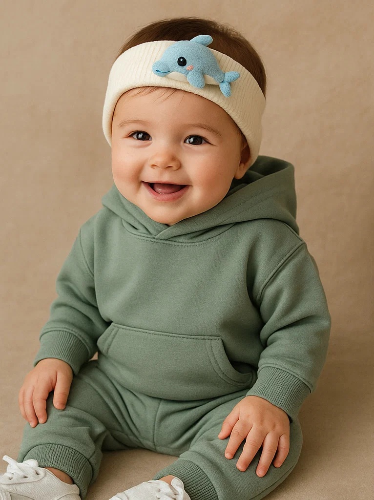 Adorable Light Blue Dolphin Plush Baby Headband – Soft Cream Base for Newborn Styling & Gifts