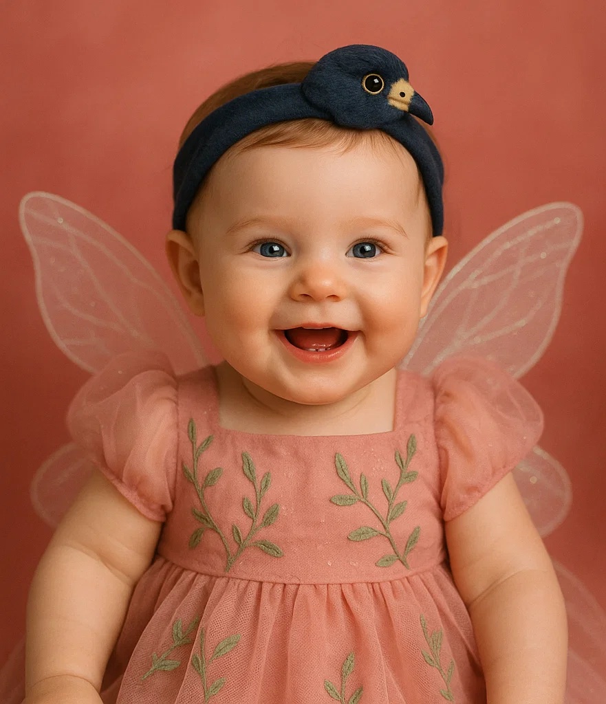 Baby Headband with Dark Blue Bird Plush – Soft and Gentle Infant Hairband