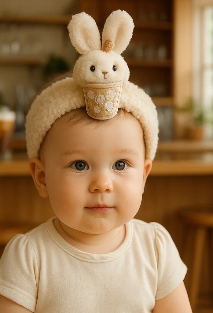 Warm Beige Bunny Baby Headband with Coffee Mug – A Cozy and Cute Addition to Your Baby's Outfit