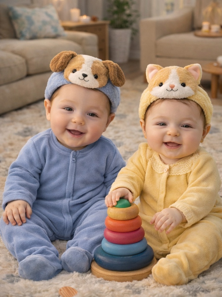 Twin Puppy Removable Baby Headbands – Soft Animal Newborn Twin Photo Props