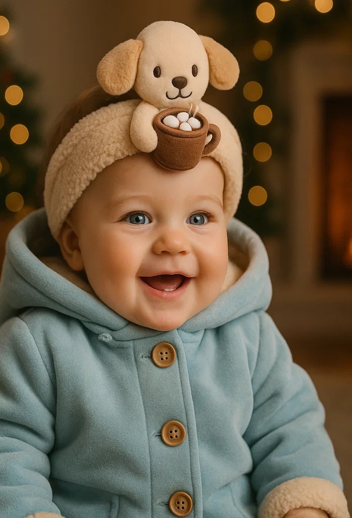 Adorable Puppy Baby Headband with Hot Cocoa Cup – Perfect for Cozy Winter Photos