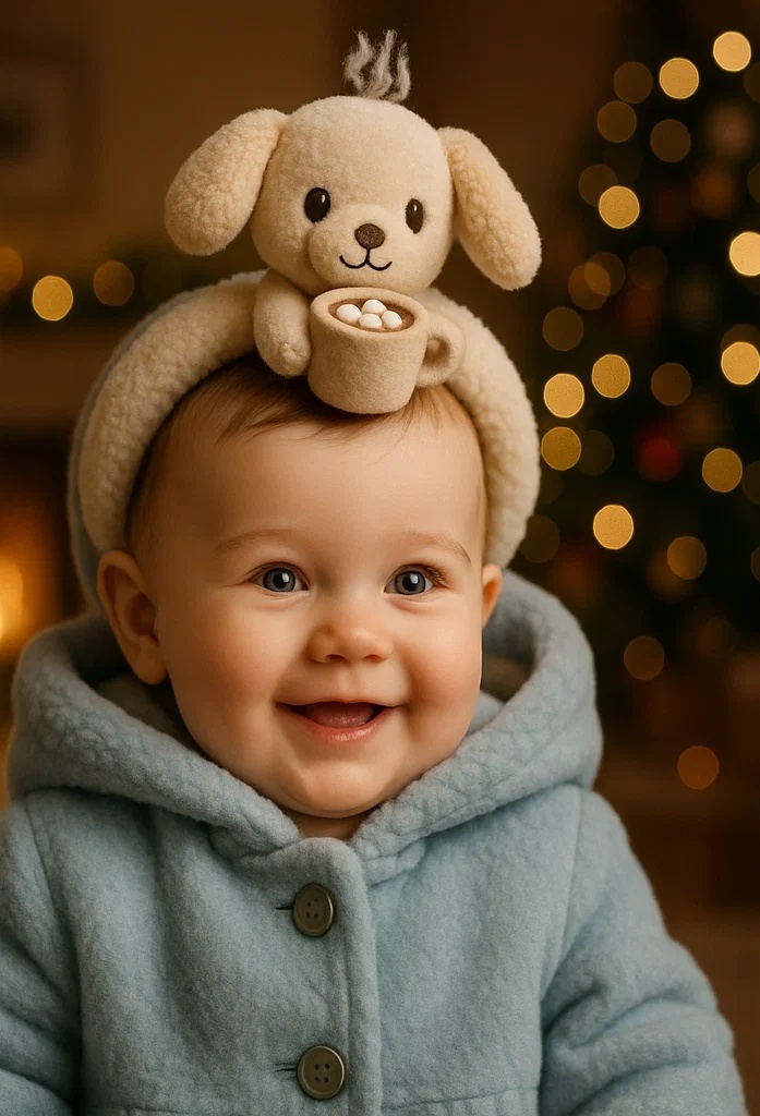 Sweet Puppy Baby Headband with Hot Chocolate Cup – Ideal for Holiday Themed Photoshoots