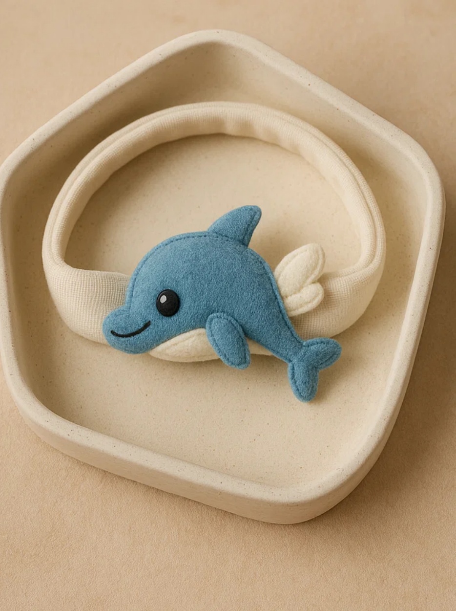 3D Whale-Tail Plush Baby Headband – Beige Band with Oversized Dolphin Accent for Infant Styling