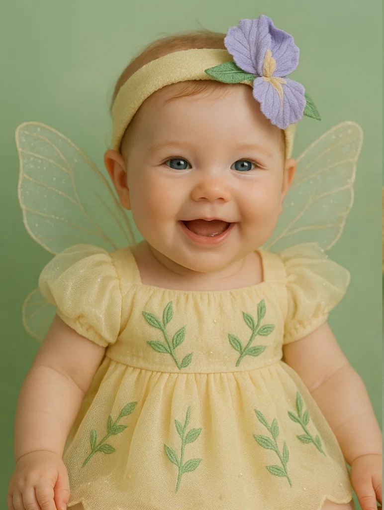 Yellow Angel Baby Headband with Fairy Wings – Soft Leaf Embroidery Design
