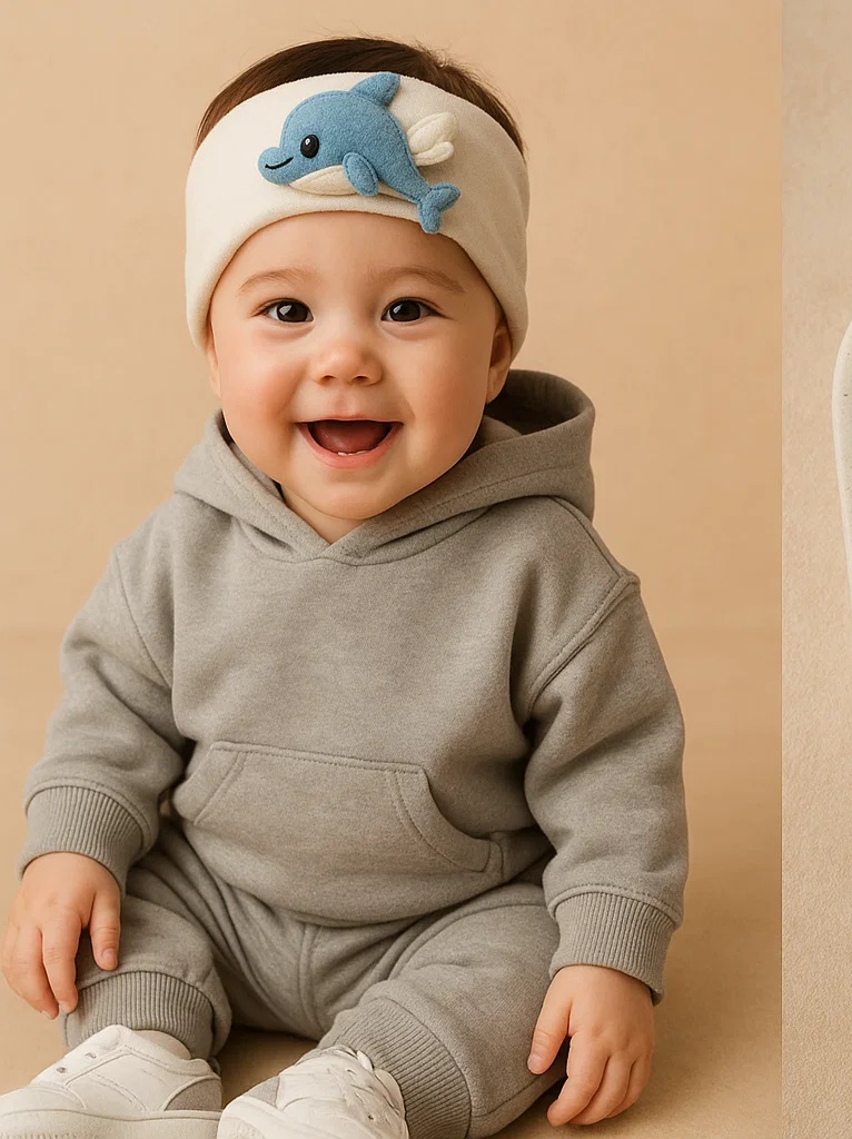 3D Whale-Tail Plush Baby Headband – Beige Band with Oversized Dolphin Accent for Infant Styling