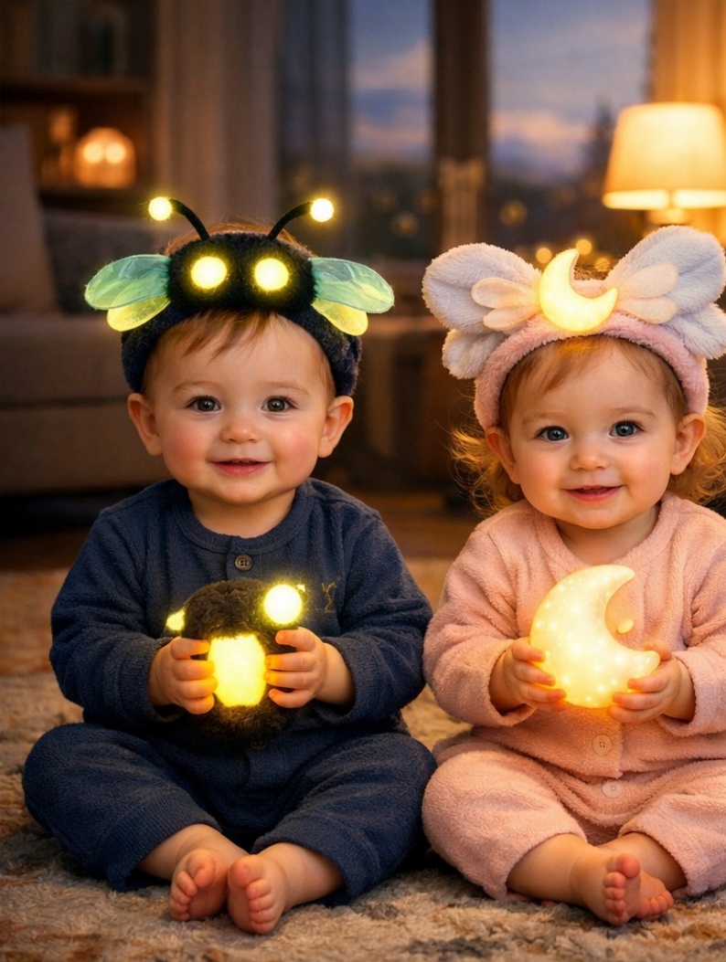 Glowing Firefly & Moon Moth Baby Headband Set - Soft Cotton & Detachable Design