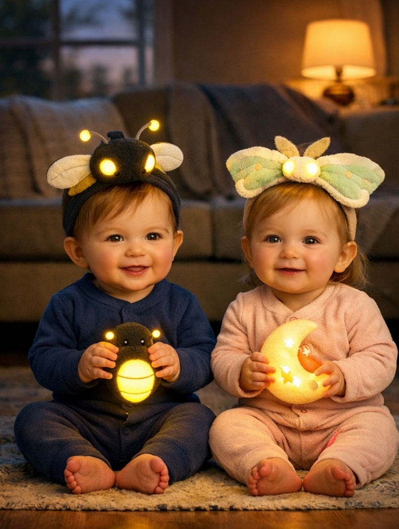 Glowing Firefly & Moon Moth Headband Set - Soft, Detachable Cotton for Babies