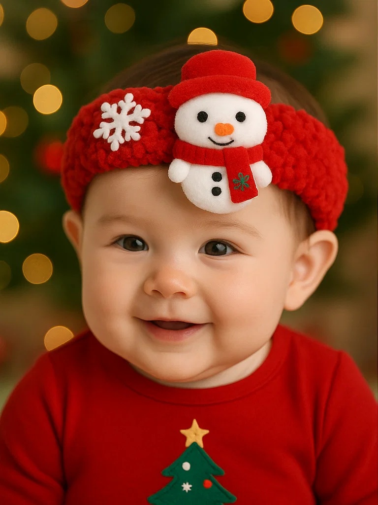 かわいい雪だるま付きベビーヘアバンド クリスマステーマ
