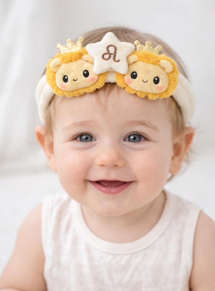 Leo Baby Headband with Double Lion Plush and Crown