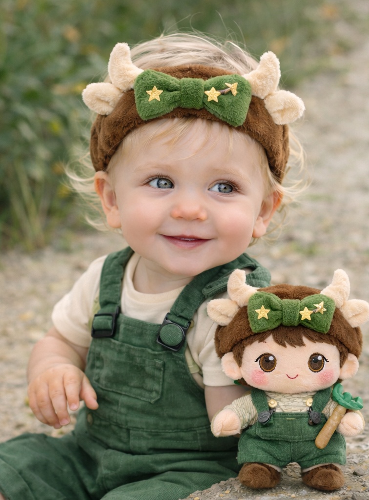 Taurus Baby Headband with Bull Horn Plush and Earthy Doll