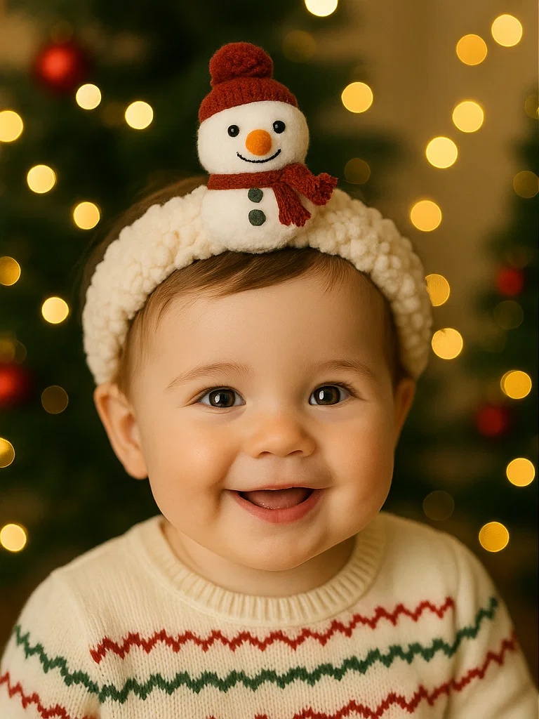 Bentiță de Crăciun pentru bebeluși cu om de zăpadă – Accesoriu adorabil pentru poze festive