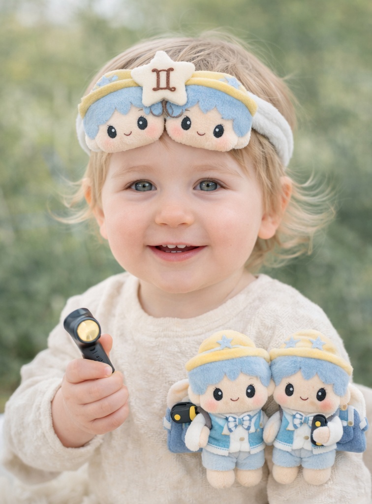 Gemini Explorer Baby Headband with Twin Plush Dolls