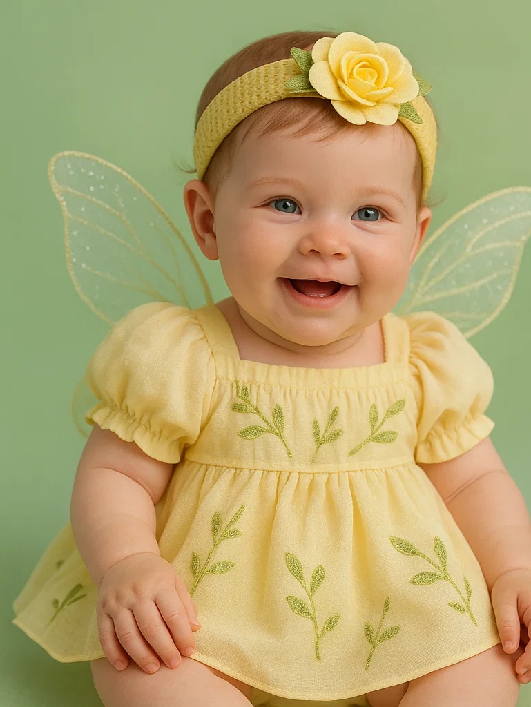 Baby-Set mit gelbem Rosen-Stirnband und Engelskleid – Süßes Feen-Outfit fürs Fotoshooting 0–2 Jahre