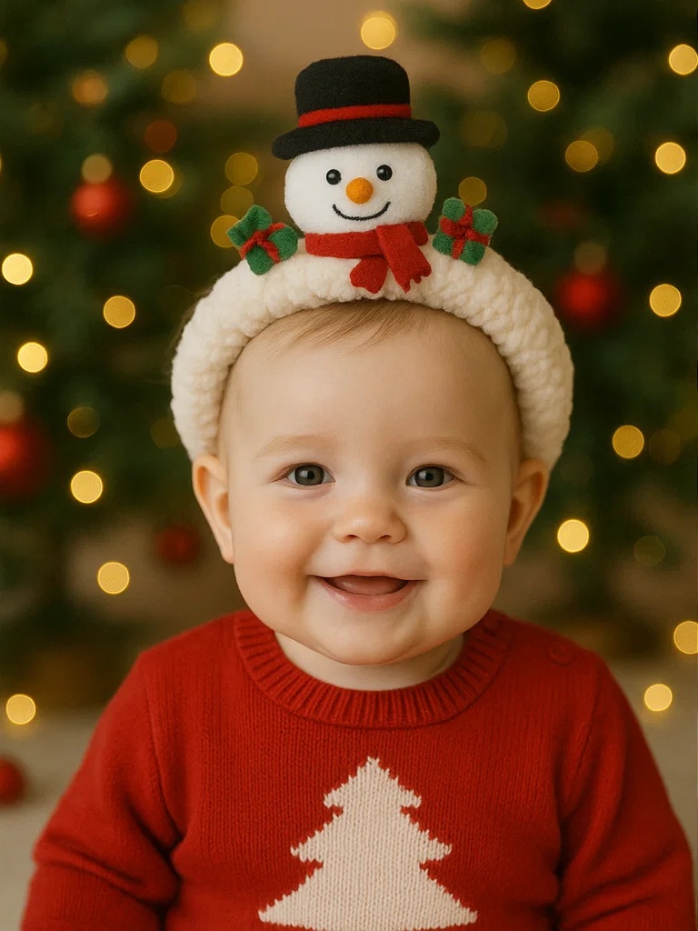 Bandeau bébé Noël avec bonhomme de neige et cadeau pour un look festif