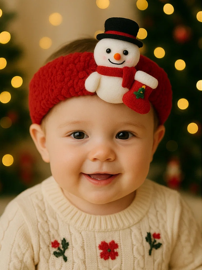 Bandeau bébé Noël avec bonhomme de neige et des petits cadeaux pour des photos magiques