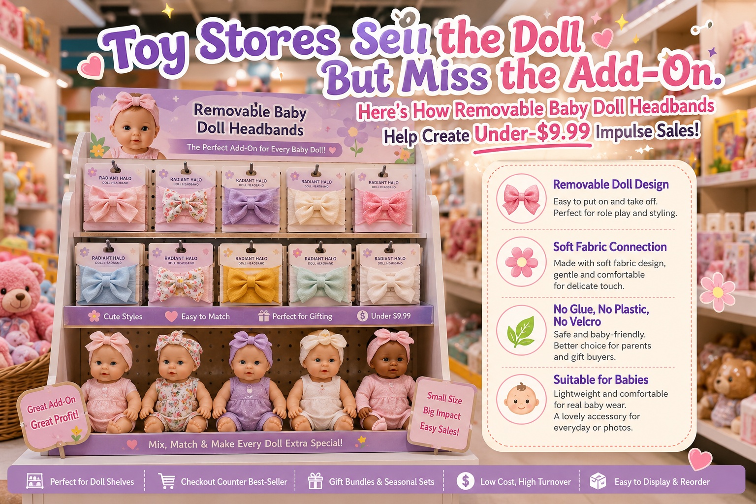 Toy Stores Sell the Doll — But Miss the Add-On. Here’s How Removable Baby Doll Headbands Help Create Under-$9.99 Impulse Sales