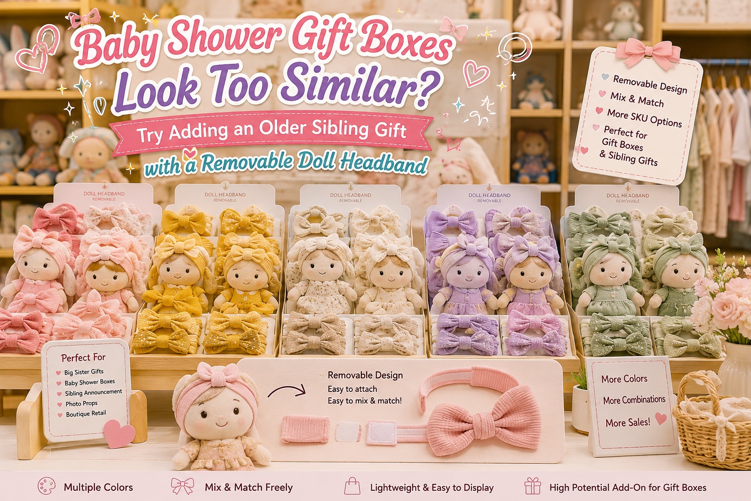Baby Shower Gift Boxes Look Too Similar? Try Adding an Older Sibling Gift with a Removable Doll Headband