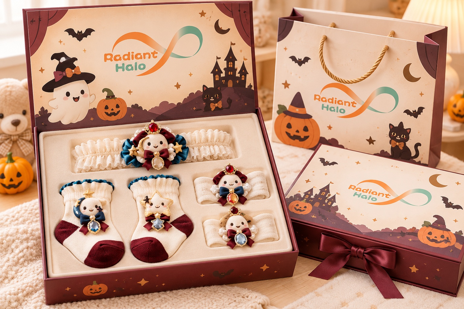 Wholesale Royal Halloween Baby Gift Set – Princess Doll Lace Headband, Socks & Wrist Rattles for Boutiques