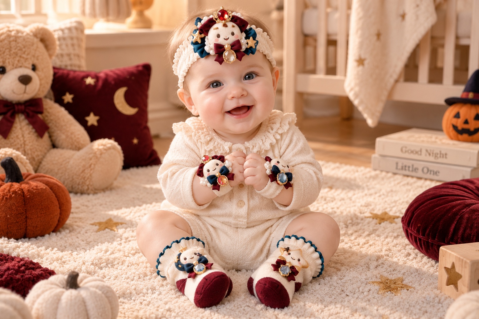 Wholesale Royal Halloween Baby Gift Set – Princess Doll Lace Headband, Socks & Wrist Rattles for Boutiques