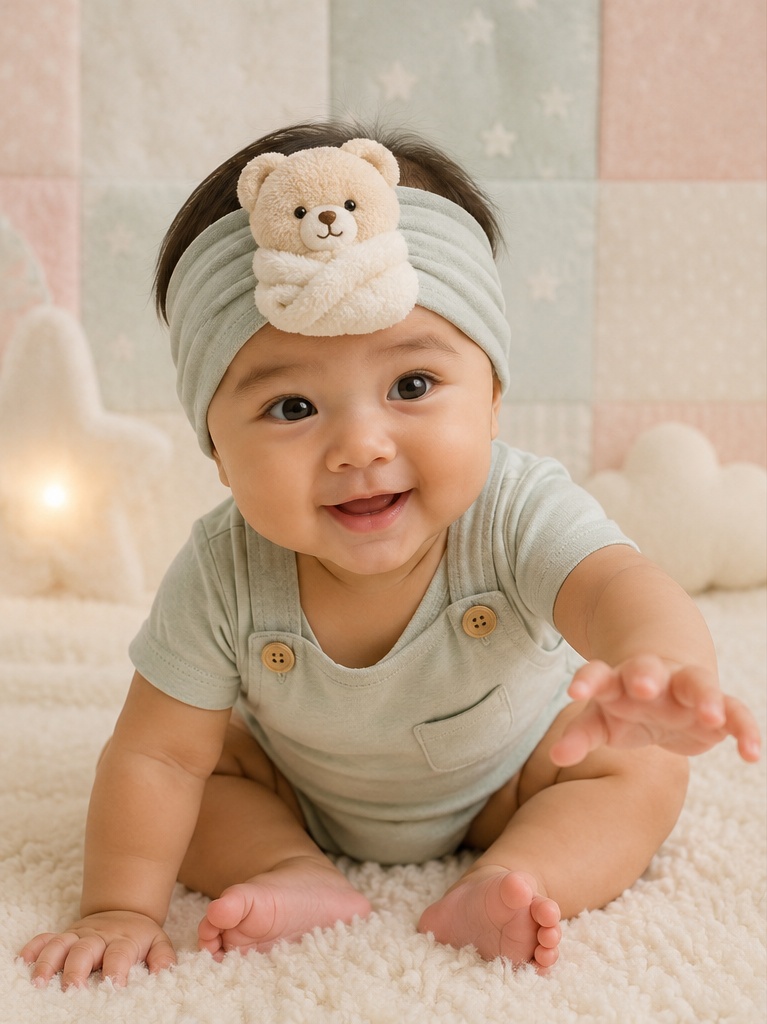 Wholesale Sage Green Plush Baby Doll Headband with Teddy Bear Appliqué for Boutique Infant Gift Lines