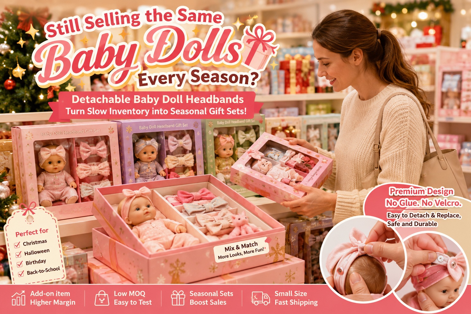 Still Selling the Same Baby Dolls Every Season? Detachable Baby Doll Headbands May Turn Slow Inventory into Seasonal Gift Sets!