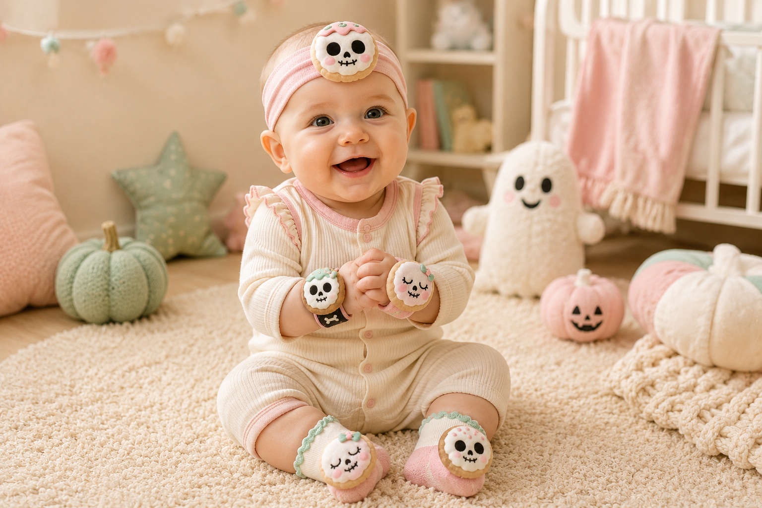 Wholesale Custom Halloween Baby Gift Set – Plush Skull Headband, Socks & Wristbands | OEM Private Label