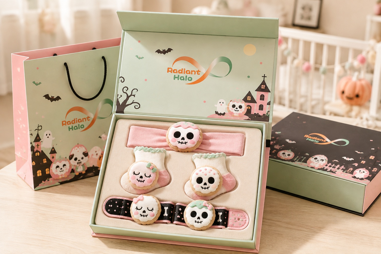 Wholesale Custom Halloween Baby Gift Set – Plush Skull Headband, Socks & Wristbands | OEM Private Label