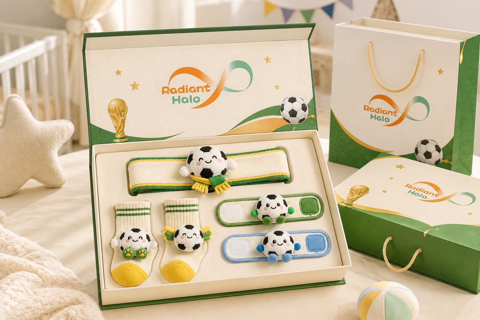 Wholesale Soccer Baby Gift Set with Plush Football Headband, Socks & Wristbands – OEM Ready Baby Shower Bundle