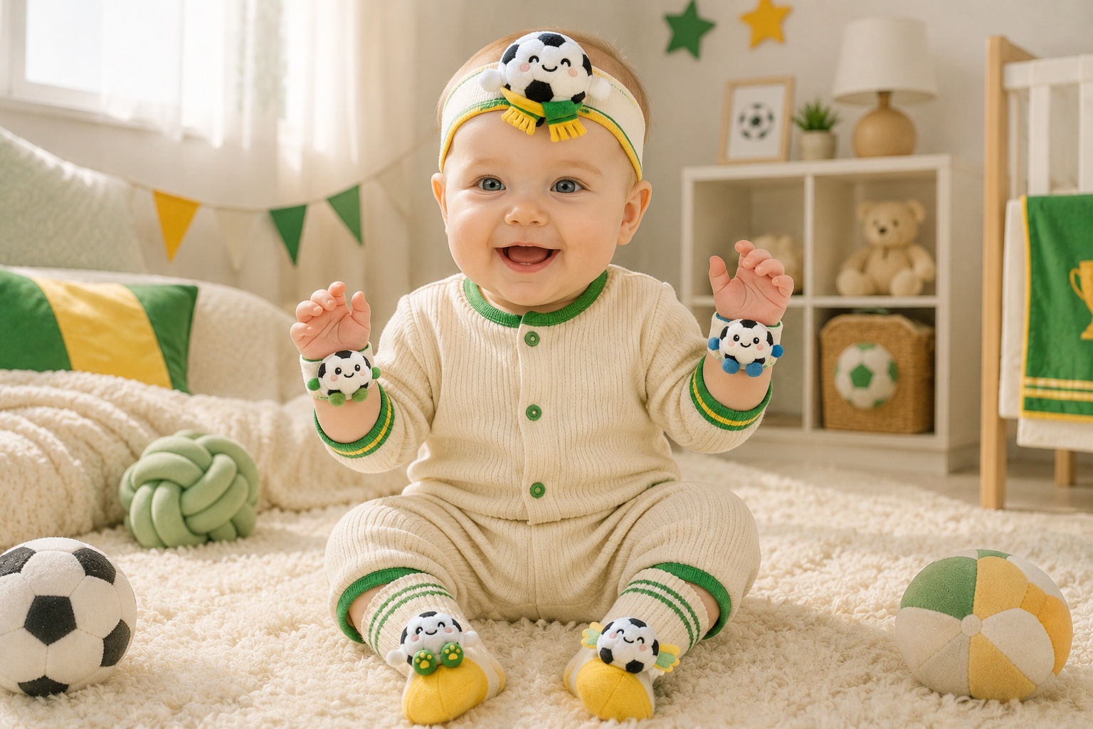 Wholesale Soccer Baby Gift Set with Plush Football Headband, Socks & Wristbands – OEM Ready Baby Shower Bundle