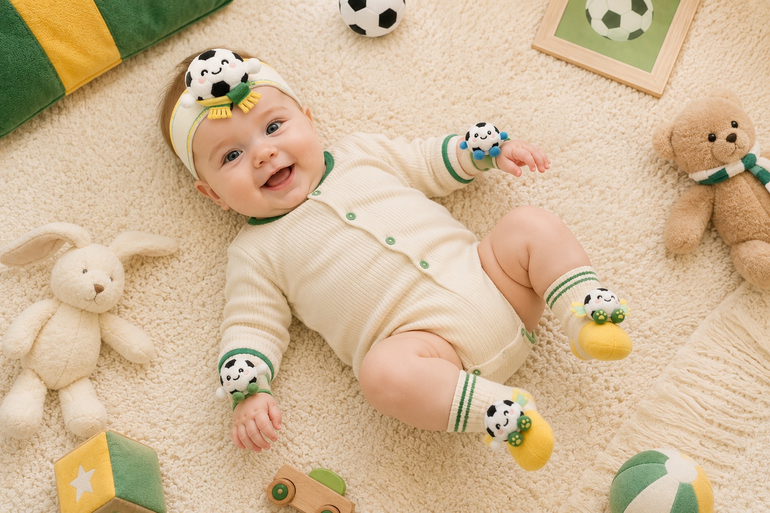 Wholesale Soccer Baby Gift Set with Plush Football Headband, Socks & Wristbands – OEM Ready Baby Shower Bundle