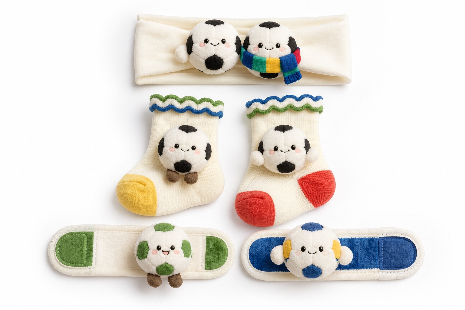 Custom Multicolor Soccer Baby Gift Set with Double Plush Football Headband, Socks & Wrist Rattles | Private Label