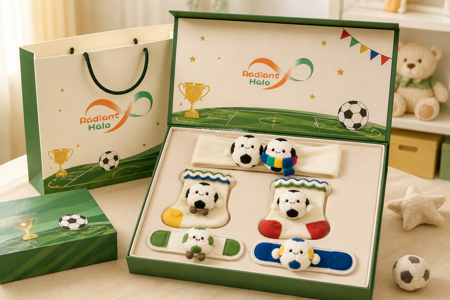 Custom Multicolor Soccer Baby Gift Set with Double Plush Football Headband, Socks & Wrist Rattles | Private Label