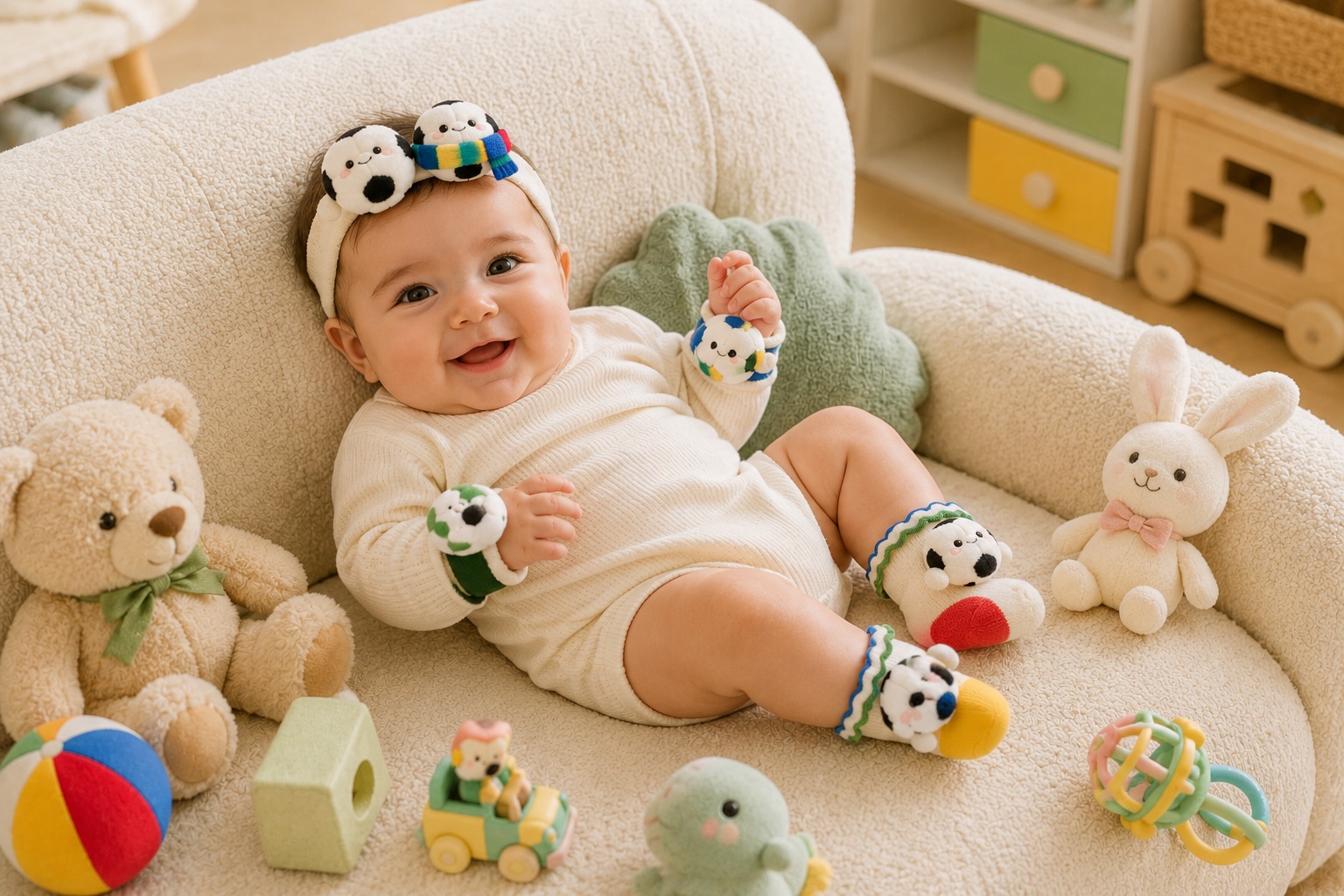 Custom Multicolor Soccer Baby Gift Set with Double Plush Football Headband, Socks & Wrist Rattles | Private Label