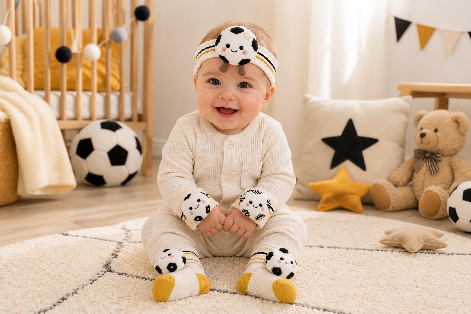 Wholesale Soccer Baby Gift Set with Plush Headband, Lace Socks & Wrist Rattles – Gift-Ready Boutique Bundle