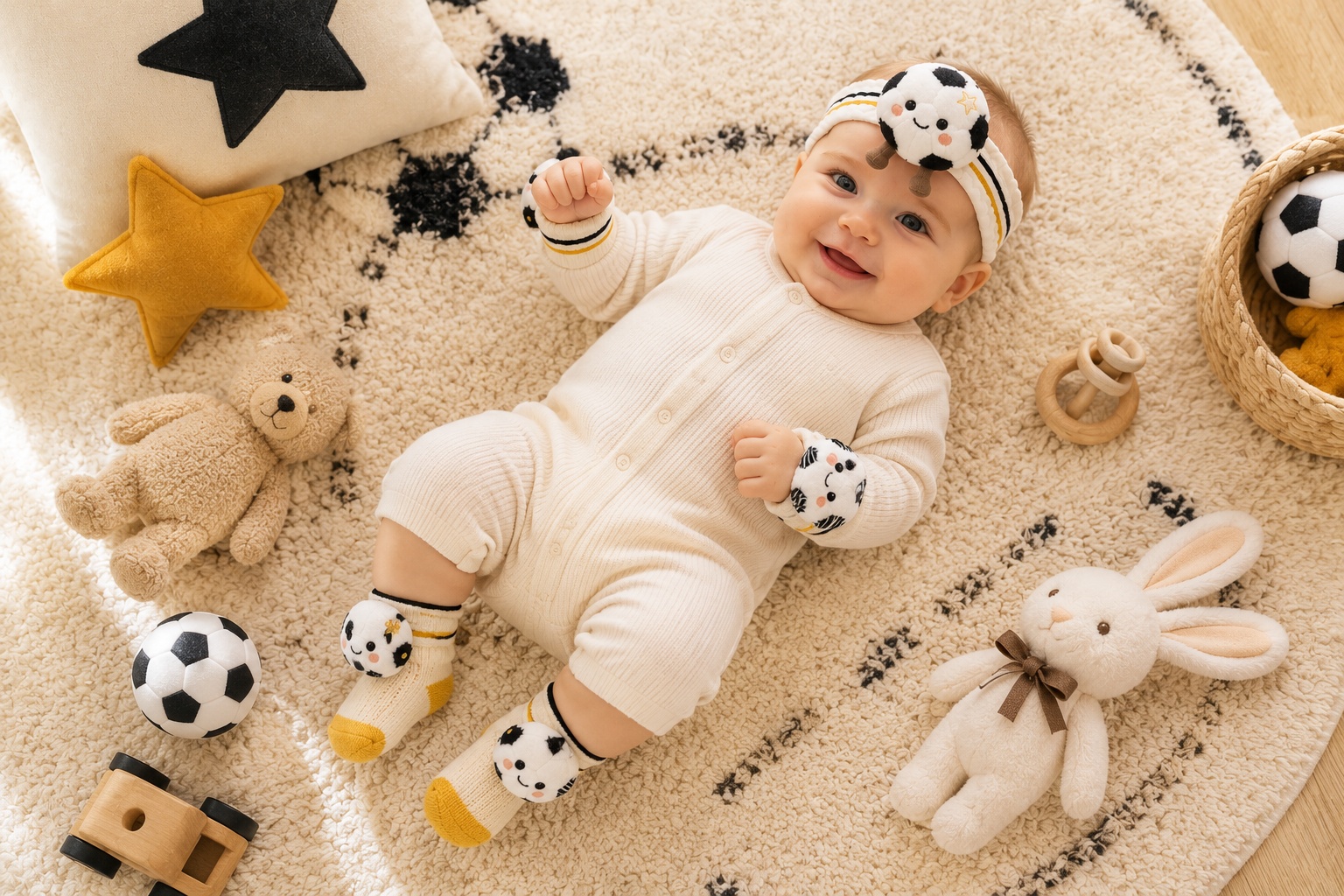 Wholesale Soccer Baby Gift Set with Plush Headband, Lace Socks & Wrist Rattles – Gift-Ready Boutique Bundle
