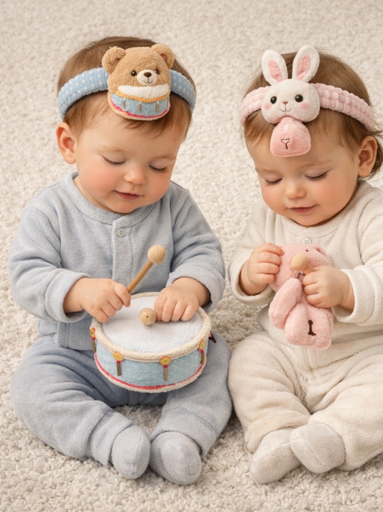 Eco-friendly Detachable Baby Headband with Bear Drum and Bunny Toy Characters