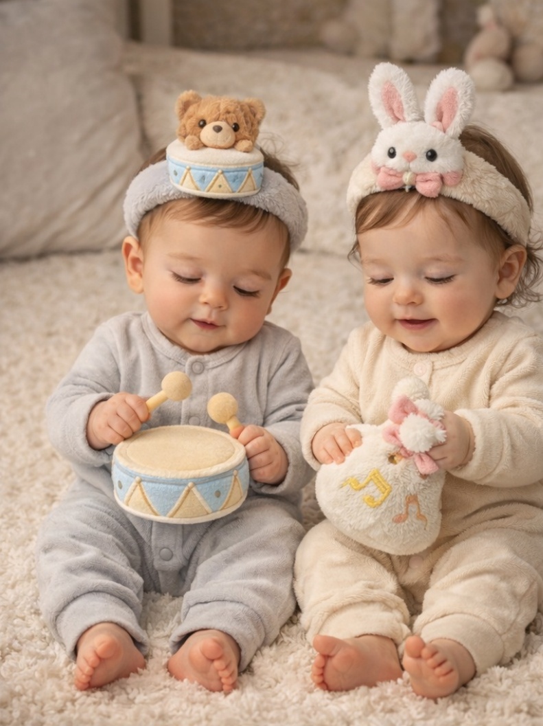Bear Drum & Bunny Plush Baby Headband Gift Set for Infant Photo Props