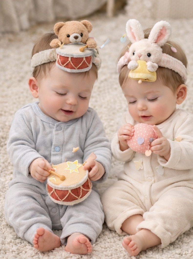 Bear Drum & Bunny Plush Infant Headband Gift Box for Newborn Photos