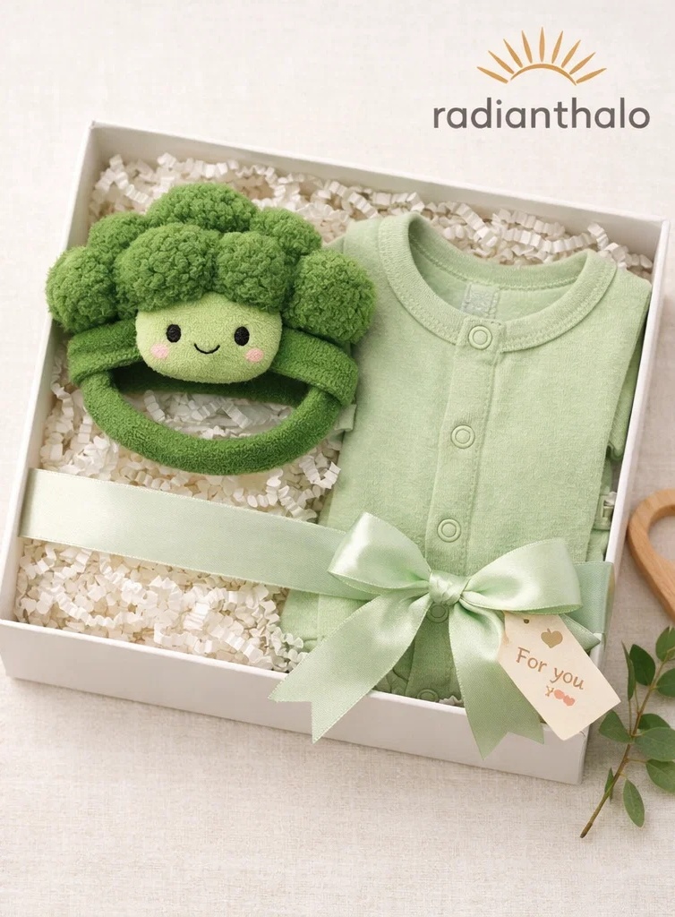 Wholesale Baby Girl Gift Box Green Ruffle Romper Set with Plush Broccoli Doll Headband