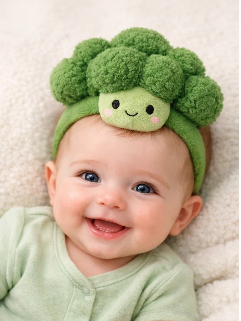 Wholesale Baby Girl Gift Box Green Ruffle Romper Set with Plush Broccoli Doll Headband