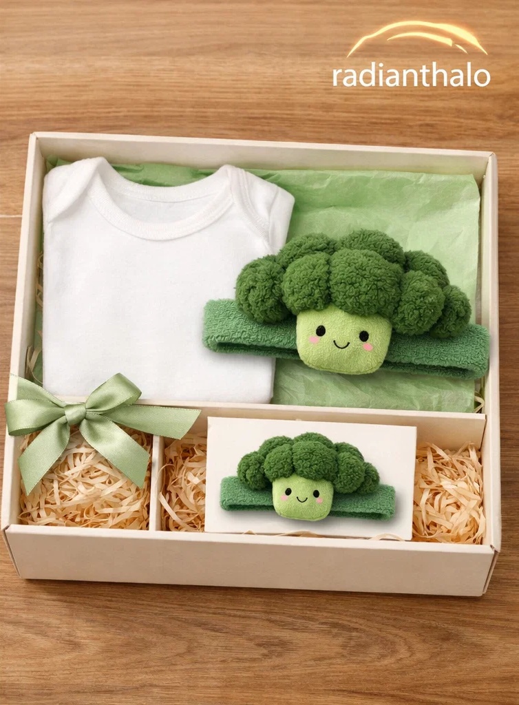 Premium Wholesale Mint Baby Gift Box Soft Onesie with Plush Broccoli Doll Headband