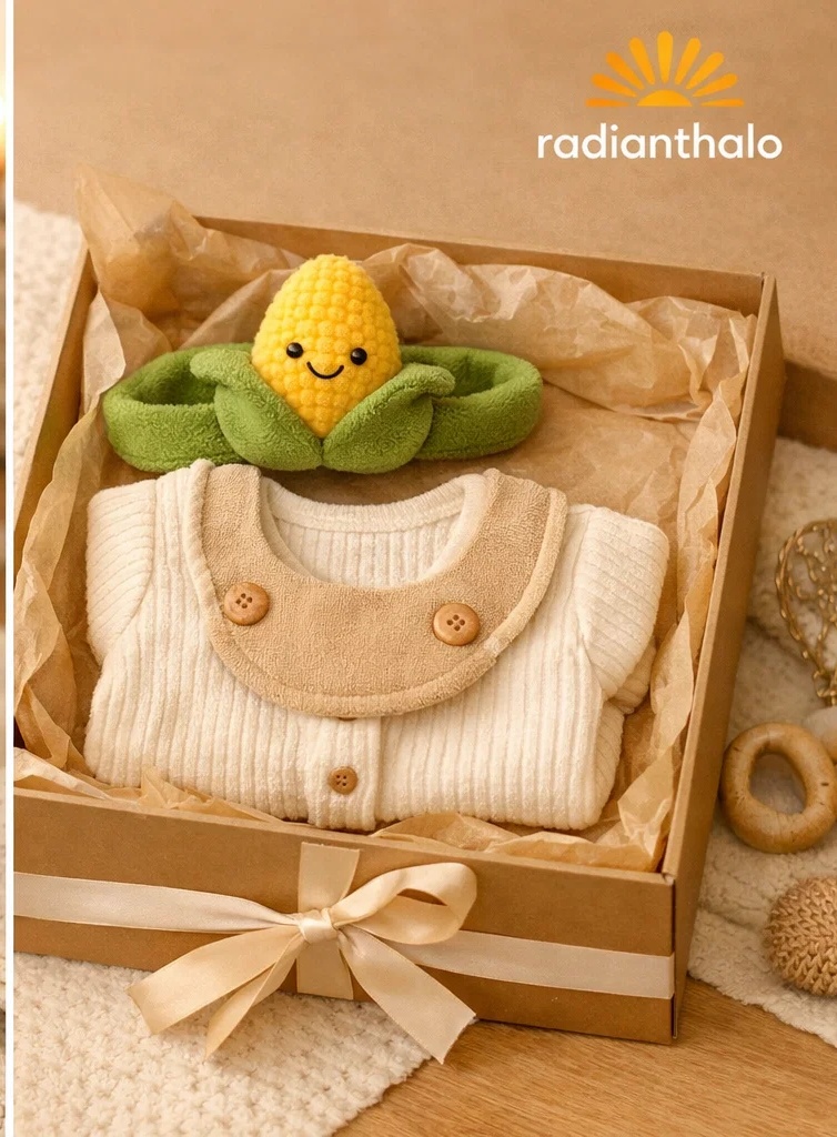 Premium Wholesale Corn Baby Gift Box Ribbed Cream Outfit with Plush Corn Doll Headband