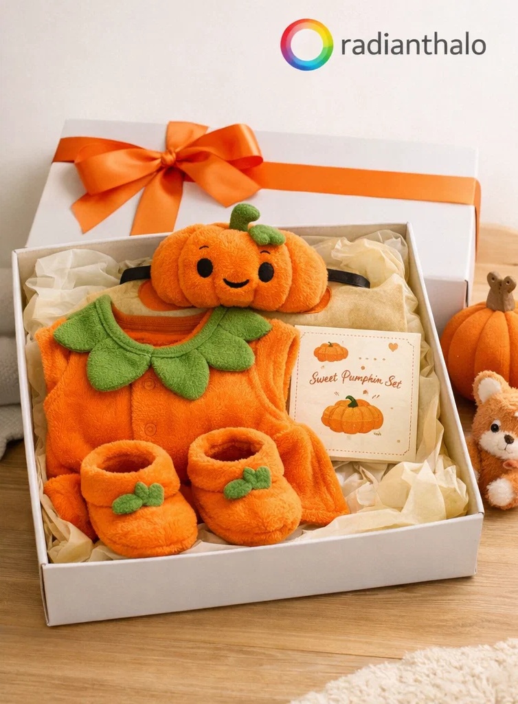 Boutique Wholesale Pumpkin Baby Girl Gift Box Plush Dress Set with Matching Pumpkin Doll Headband