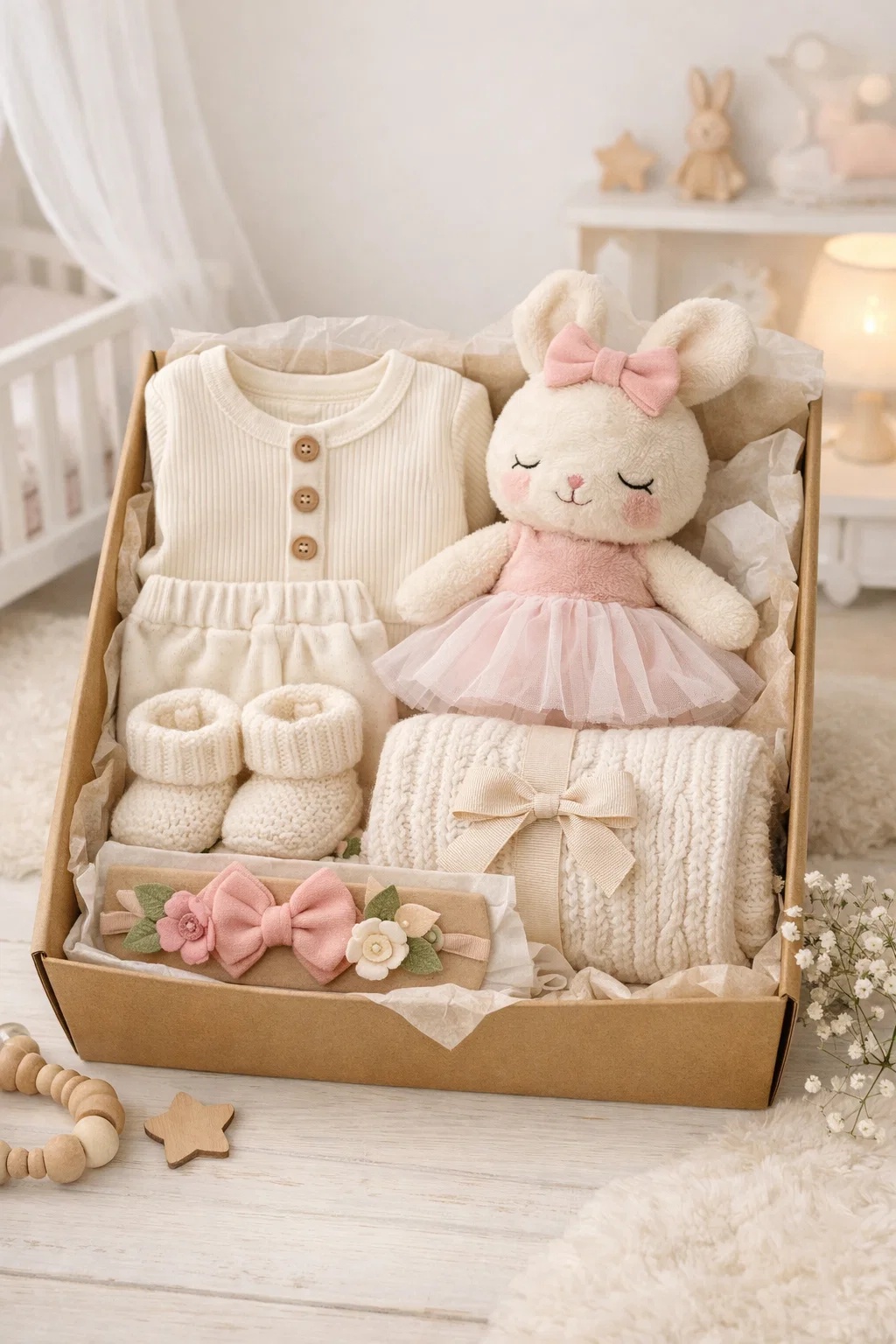 Cute Plush Doll Headband Baby Gift Set | Soft Newborn Clothes and Accessories with Detachable Plush Headband