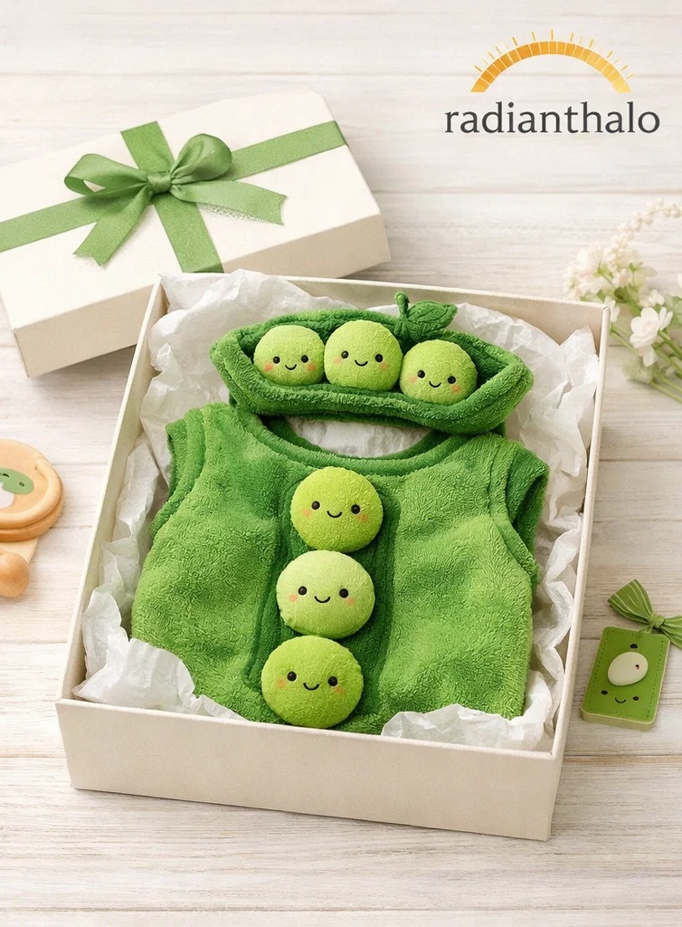 Wholesale Window Sweet Pea Baby Gift Box Plush Green Romper with Matching Pea Pod Doll Headband