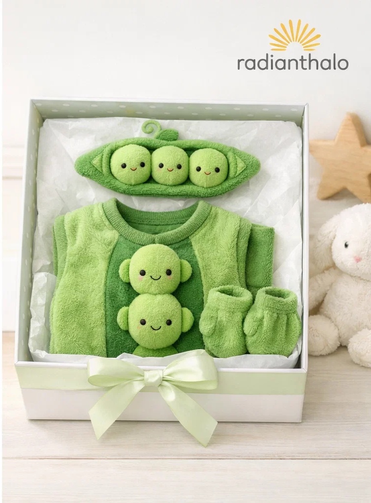 Boutique Wholesale Sweet Pea Baby Gift Box Plush Green Romper with Matching Pea Pod Doll Headband