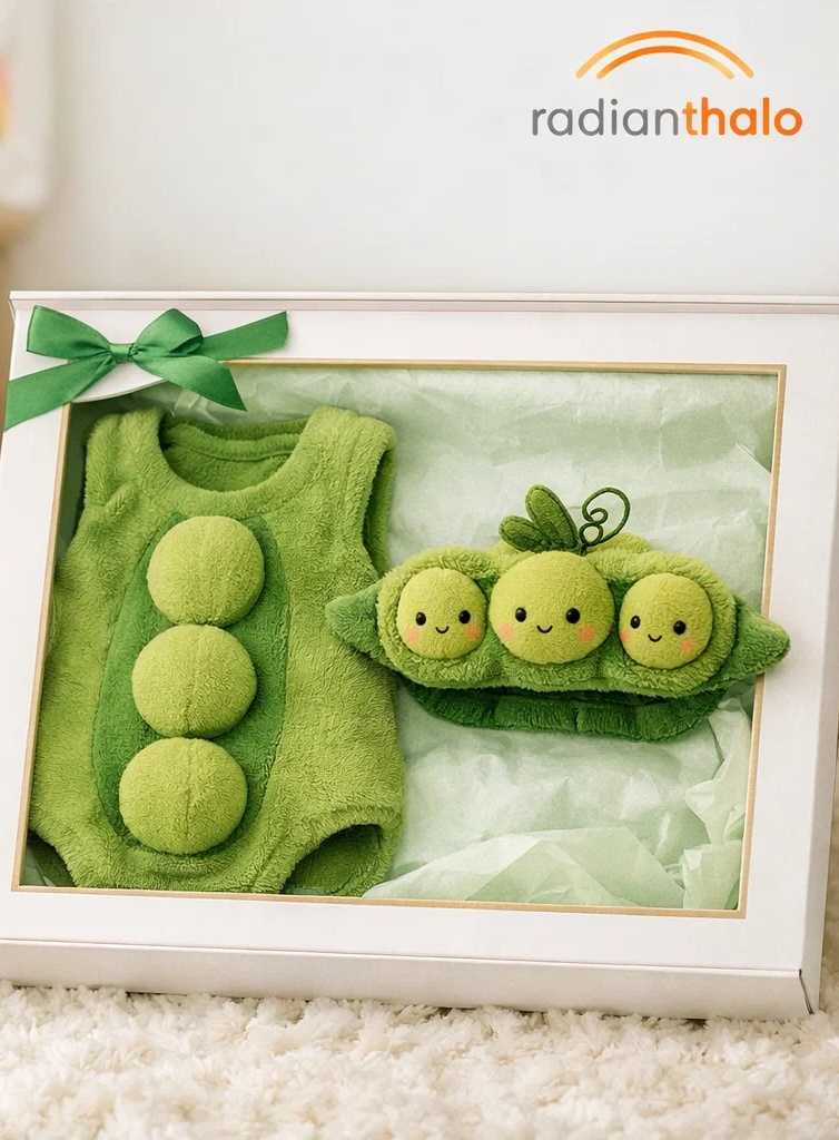 Premium Wholesale Sweet Pea Baby Gift Box Plush Green Set with Matching Pea Pod Doll Headband and Mittens