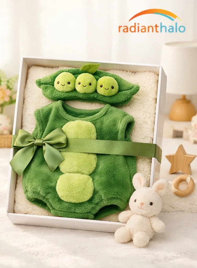 Premium Wholesale Sweet Pea Baby Gift Box Plush Green Outfit with Matching Pea Pod Doll Headband and Blanket
