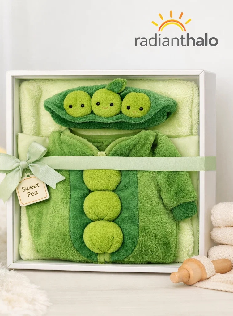Boutique Wholesale Sweet Pea Baby Gift Box Plush Romper with Matching Pea Pod Doll Headband